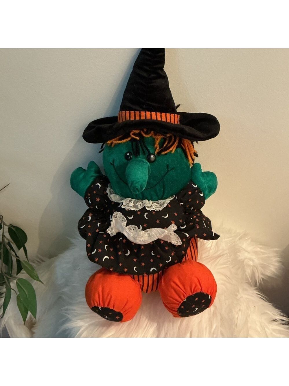 Dandee Halloween Witch Plush Doll 16” Black Hat Green Face Orange Outfit